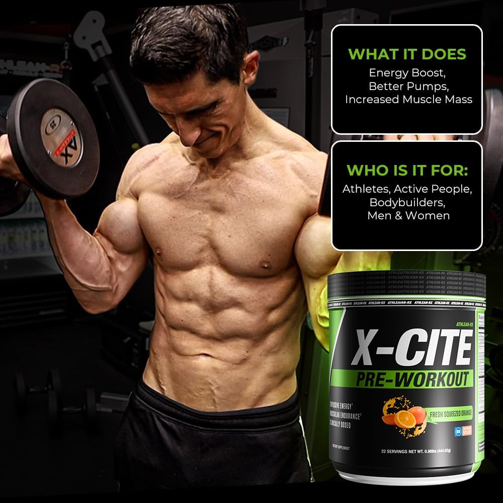 X-CITE Pre-Workout by ATHLEAN-X - Enhanced Formula with Beta-Alanine, Creatine & Caffeine for Energy, Endurance, Focus & Muscle Pump, NSF Certified for Sports (22 Servings, Fresh Squeezed Orange)