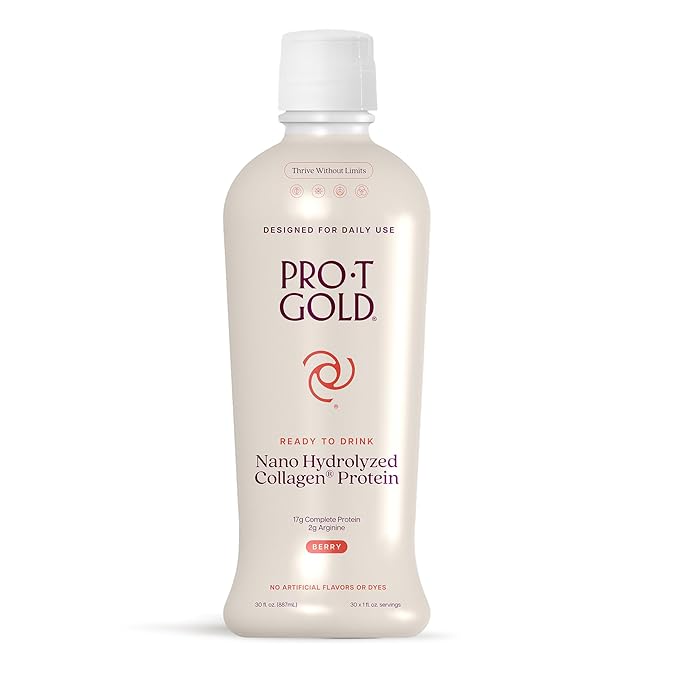 ProT Gold Liquid Collagen Protein Shot, 17g Clear Protein Nano-Hydrolyzed Grass Fed Collagen, 2g Arginine for Wound Support, Gluten Free, Sugar Free, 0g Carbs, Non GMO, Berry, 30 fl oz Bottle
