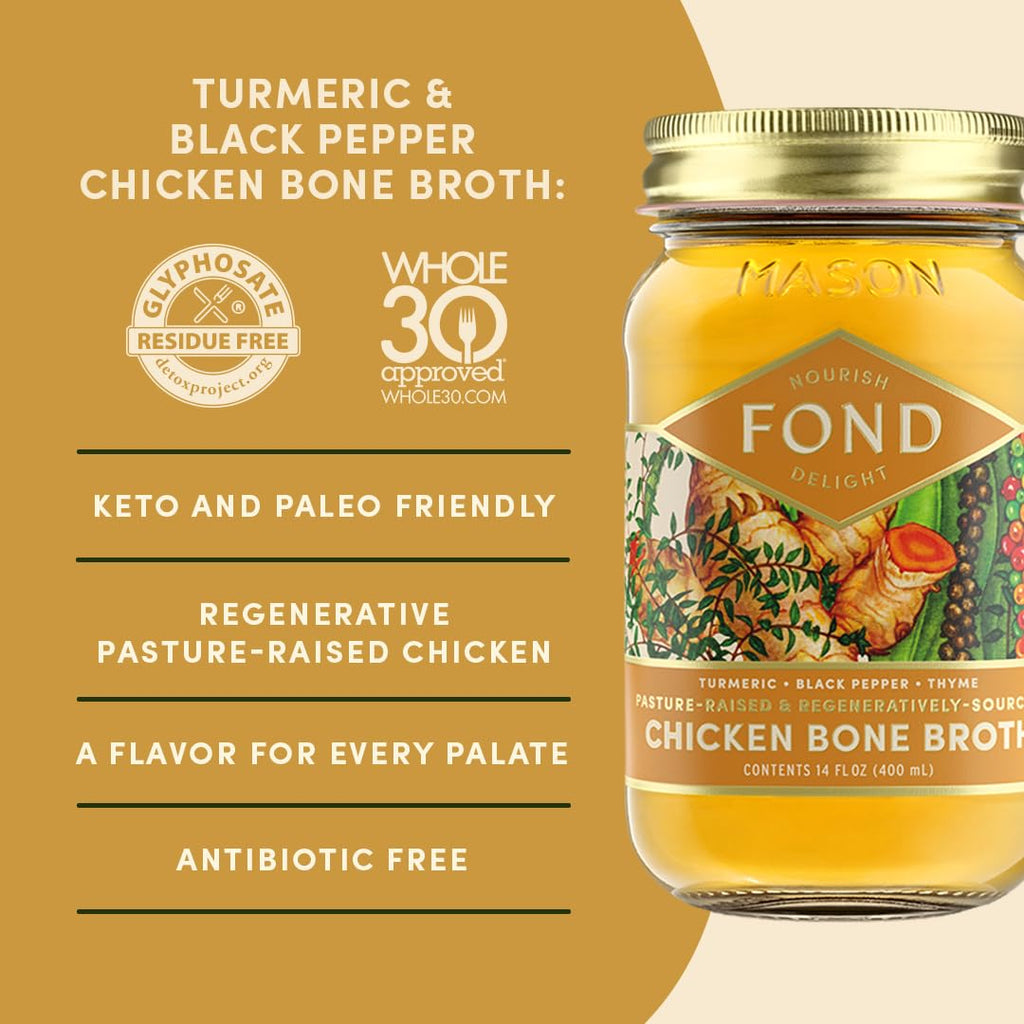 FOND Pasture-Raised Regenerative Chicken Bone Broth infused with Organic Turmeric & Black Pepper
