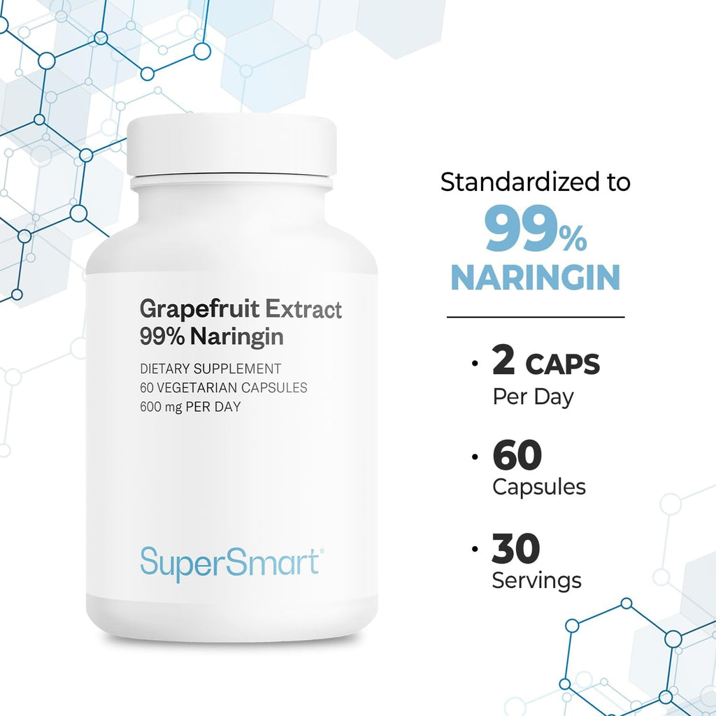 Supersmart - Grapefruit Extract 600mg per Day (99% Naringin) - High Potency GSE Supplement | Non-GMO & Gluten Free - 60 Vegetarian Capsules