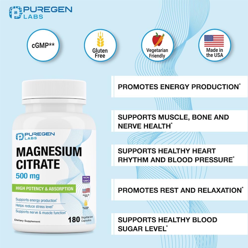 Magnesium Citrate 500 mg | High Potency Elemental Magnesium | Total 360 Veggie Caps, Superior Absorption, Non-GMO, NO Gluten and Dairy, Supports Muscle, Joint, and Heart Health