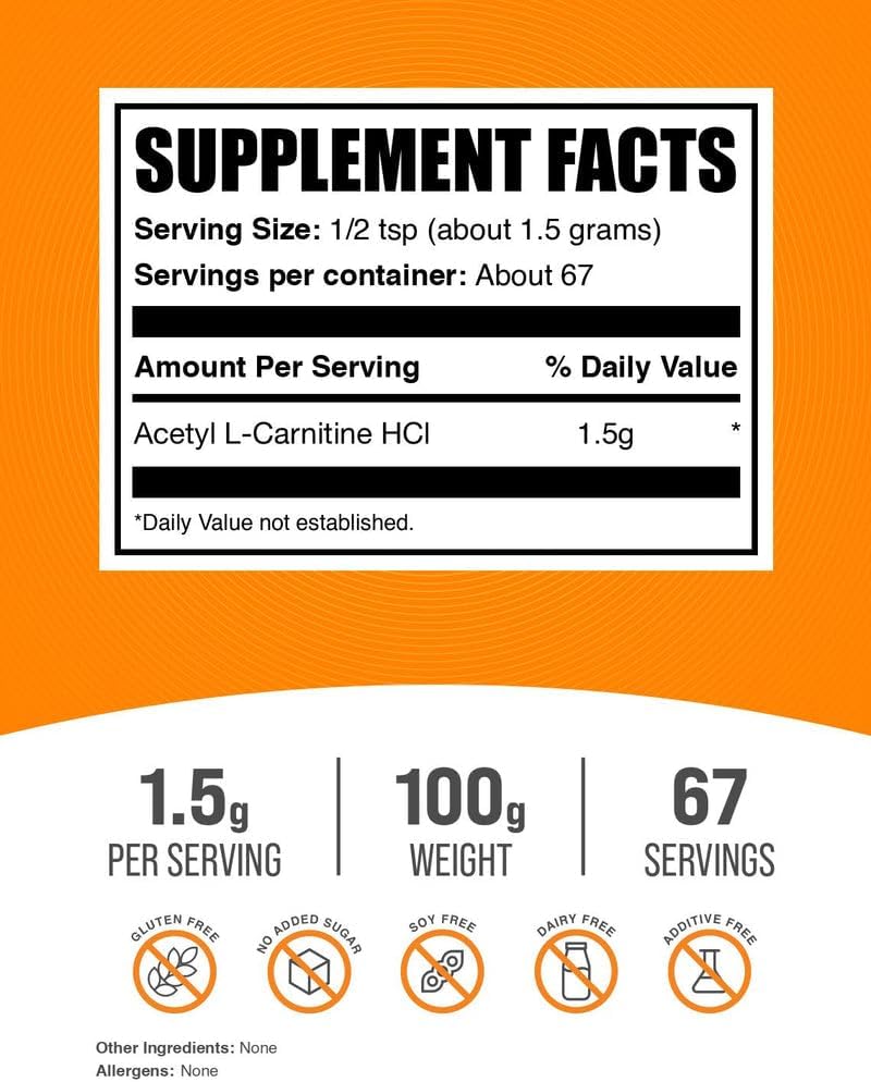 BulkSupplements.com Acetyl L-Carnitine Powder - as ALCAR HCl, Carnitine Supplement - Gluten Free, 1.5g per Serving, 100g (3.5 oz) (Pack of 1)