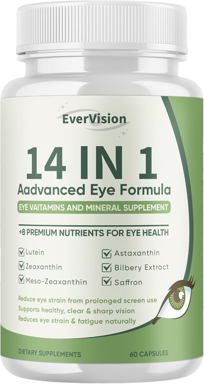 Evervision 14 in 1 Advanced Eye Formula, Eye Vitamin and Mineral Supplement with Zinc, Lutein, Zeaxanthin & Bilberry Extract, 60 Capsules (1)
