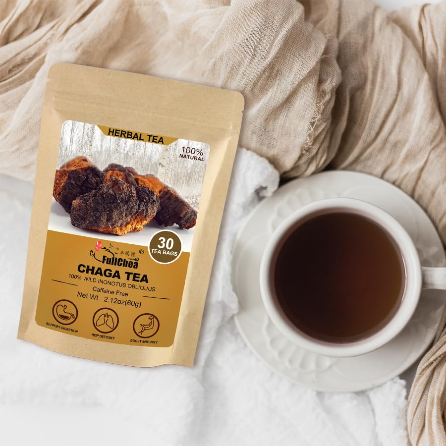 FullChea - Chaga Tea Bags, 30 Teabags, 2g/Bag - Premium Chaga Mushroom Tea - Non-GMO - Caffeine-Free - Rich in Antioxidants & Aid in Digestion