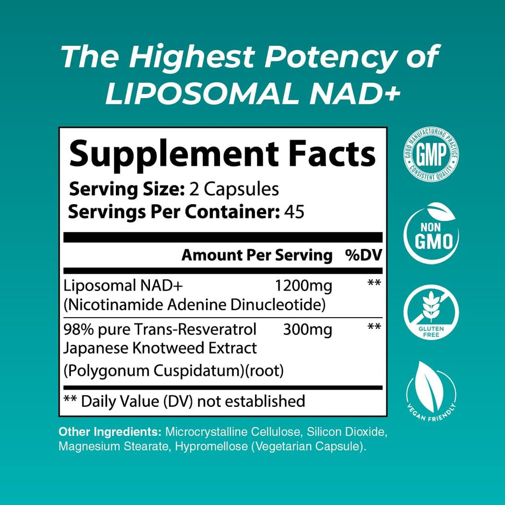 Liposomal NAD+ Supplement | Highest Rated NAD Supplements for Women & Men with Resveratrol and Japanese Knotweed Extract, Support Stamina, Metabolic Repair | Vegan, Gluten Free, Non-GMO, 90 Capsule