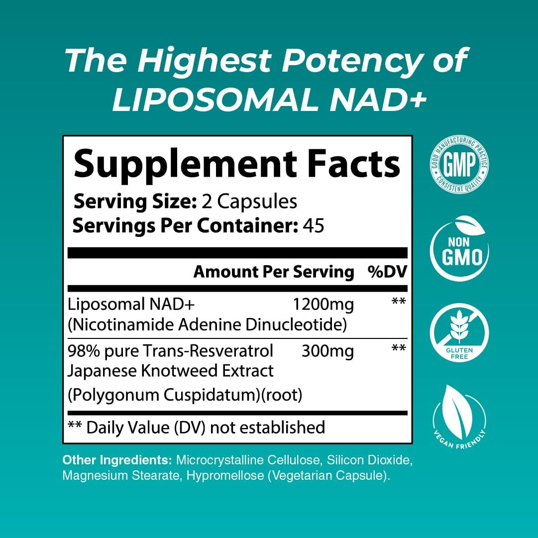 Liposomal NAD+ Supplement | Highest Rated NAD Supplements for Women & Men with Resveratrol and Japanese Knotweed Extract, Support Stamina, Metabolic Repair | Vegan, Gluten Free, Non-GMO, 90 Capsule