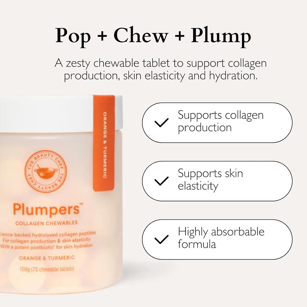 The Beauty Chef Plumpers™ Collagen Chewable Tablets with Hyaluronic Acid & Postbiotic, Supports Skin Elasticity & Collagen, Women's Multivitamin, Collagen Peptides, 75 Tablets (Orange & Turmeric)