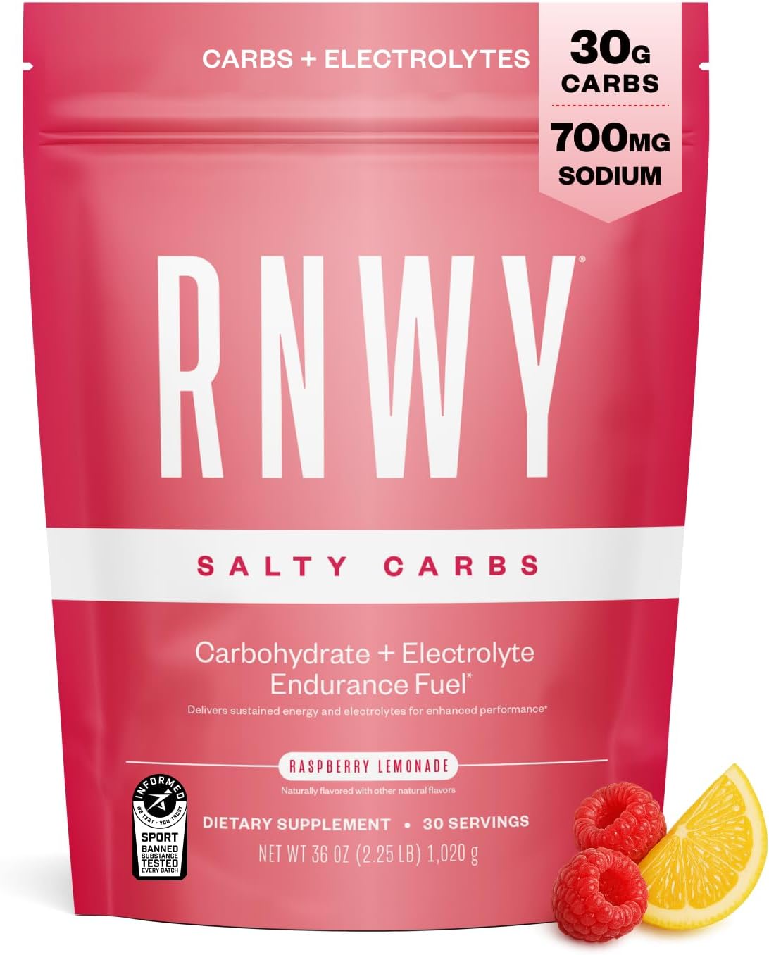Salty Carbs Electrolyte Drink Mix 30g Dual-Action Carbs + 700mg Sodium – Endurance Fuel for Runs, Rides and Races – Gluten-Free, Dairy-Free, Non-GMO (30 Servings, Raspberry Lemonade)