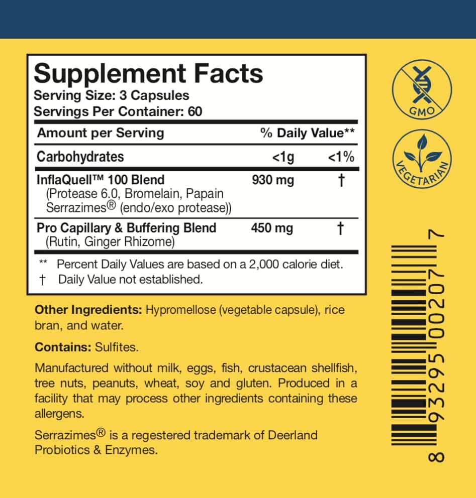 Researched Nutritionals InflaQuell - Vegetarian Proteolytic Enzymes, Ginger & Rutin Supplement for Inflammation Response, Vascular & Respiratory Support (180 Capsules)