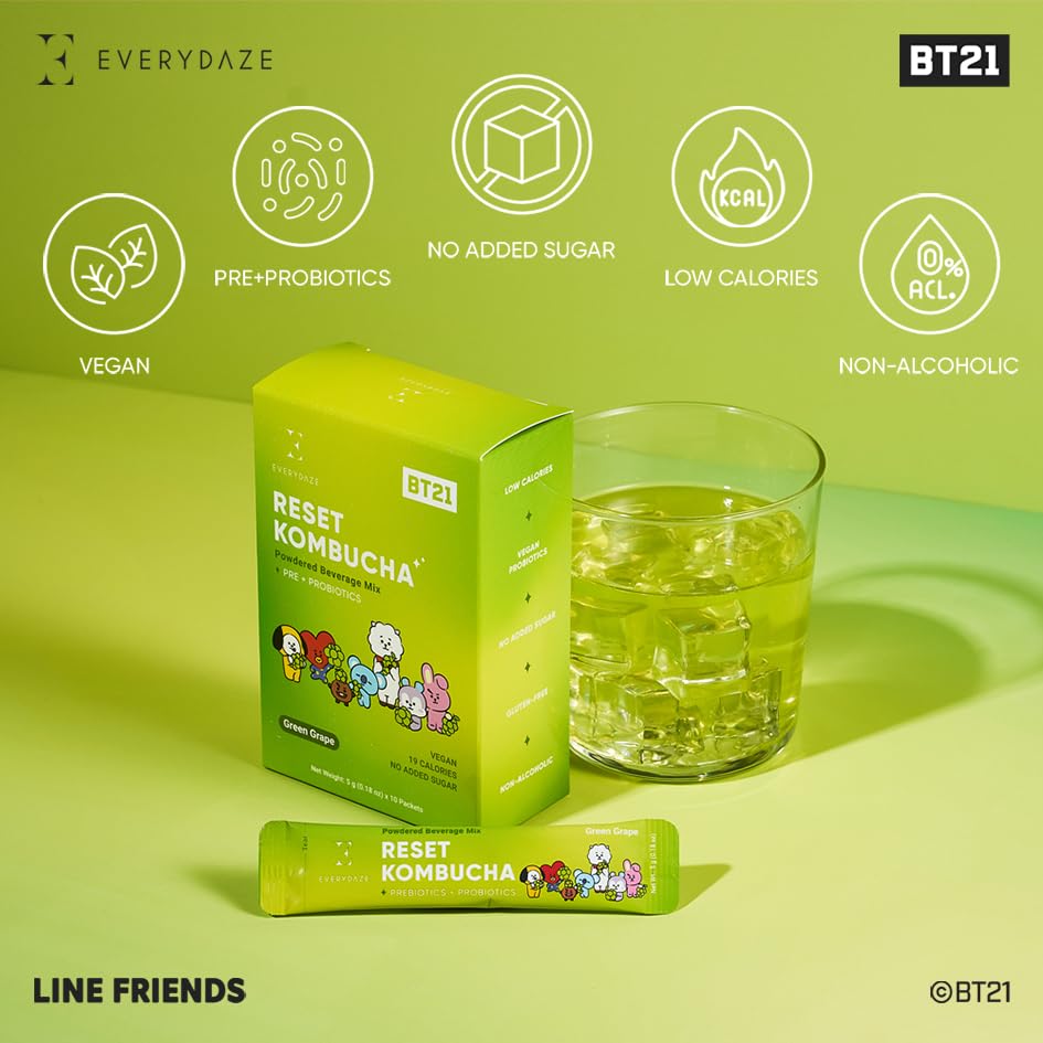 Everydaze BT21 Reset Kombucha Tea Powdered Beverage Mix | 10 Sticks | Prebiotics + Probiotics | Vegan | No Added Sugar, Gluten Free, Sparkling Powder Drink Pack (Green Grape)