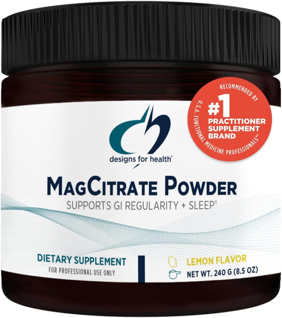 Designs for Health MagCitrate Powder - 300mg Powdered Magnesium Citrate to Support Calm + Regularity - Non-GMO, Gluten Free Delicious Drink Mix Add-in, Lemon Flavor (60 Servings / 240g)