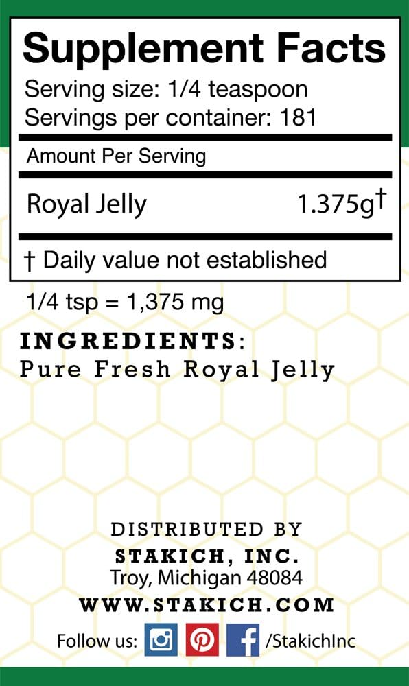Stakich Fresh Royal Jelly - Pure, All Natural - No Additives/Flavors/Preservatives Added - 8 Ounce (227 Gram)