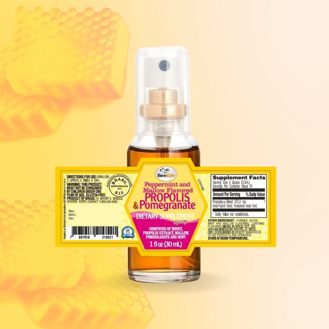 Beelife Propolis Throat Spray – Soothing Honey, Mint & Pomegranate - Natural Immune Support & Sore Throat Relief – Antioxidants, Rich in Flavonoids & Artepillin C, No Sugar, Gluten-Free -3-Pack, 90ml