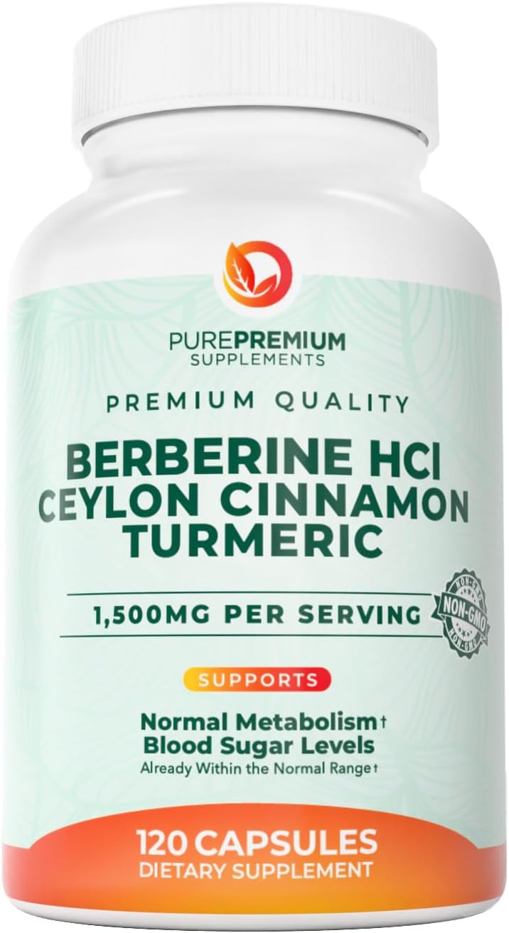 PurePremium Berberine with Ceylon Cinnamon Complex - 1500mg Berberine Supplement HCl, Cinnamon & Turmeric Supplement Supports Blood Sugar Levels Already Within Normal Range - 2 Month Supply, 120ct