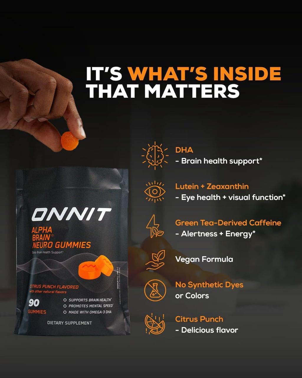 ONNIT Alpha Brain Neuro Focus Gummies - Vegan Gummies with Omega-3s, Lutein, Zeaxanthin & Caffeine - Brain, Eye & Focus Supplement for Men & Women†, Citrus Punch Flavor, 90 Count