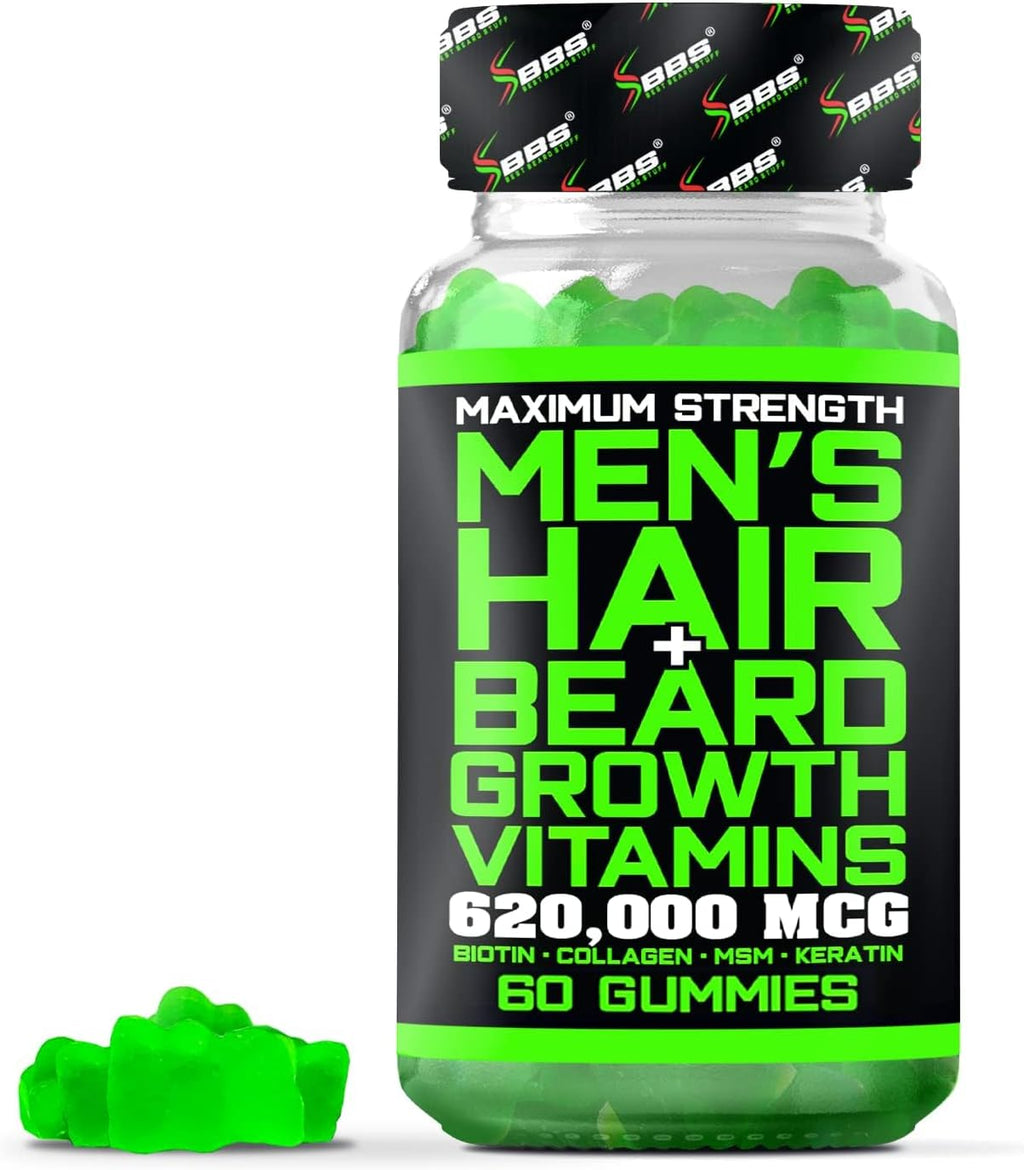 BBS Beard Growth & Hair Growth Vitamins for Men - Maximum Strength 620000mcg Biotin - Collagen - MSM - Keratin - Bamboo Extract - Multivitamin Gummies (Made by Best Beard Stuff USA)