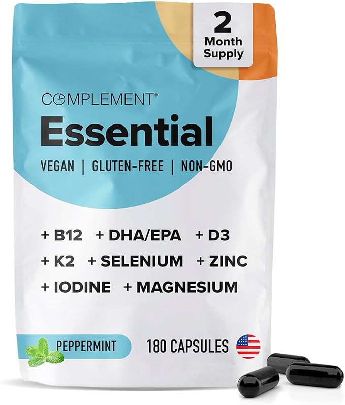 Complement Essential Vegan Multivitamin for Men & Women (60 Servings, 180 Capsules) with Omega-3 DHA & EPA, B12, Vitamin D3 & K2, Zinc, Selenium, Magnesium, Iodine - Supports Immunity & Overall Health