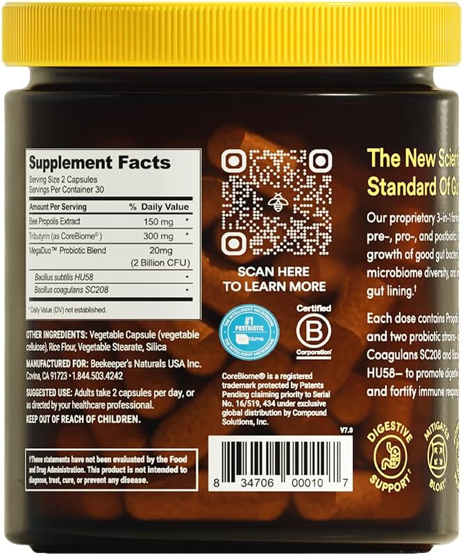 Beekeeper's Naturals Complete Gut Health, 3-in-1 Prebiotic, Postbiotic, Probiotics for Digestive Health & Bloating Relief for Women & Men, Propolis Powered, Gluten-Free Vegan Capsules, 60ct