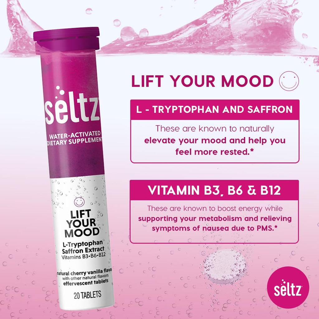 Seltz® Water-Activated Vitamins - Lift Your Mood with L-Tryptophan, Saffron Extract and Vitamins B3 B6 B12 – Natural Cherry Vanilla Flavor Dietary Supplement- 1 Pack x 20 Effervescent Tablets