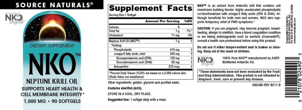 Source Naturals NKO Neptune Krill Oil, Supports Heart Health and Cell Membrane Integrity*, 1000 mg - 90 Softgels