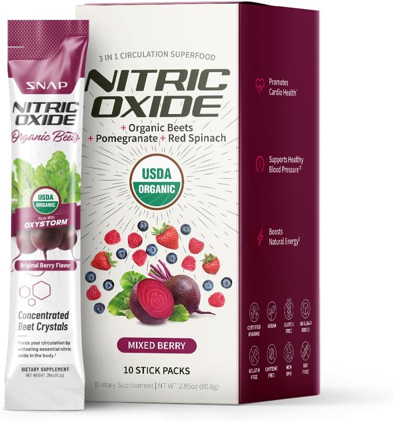 Snap Supplements USDA Organic Beet Root Powder, 3-in-1 Nitric Oxide Supplement, Support Healthy Blood Pressure and Blood Circulation, 250g (10 Stick Packs, Original Berry)