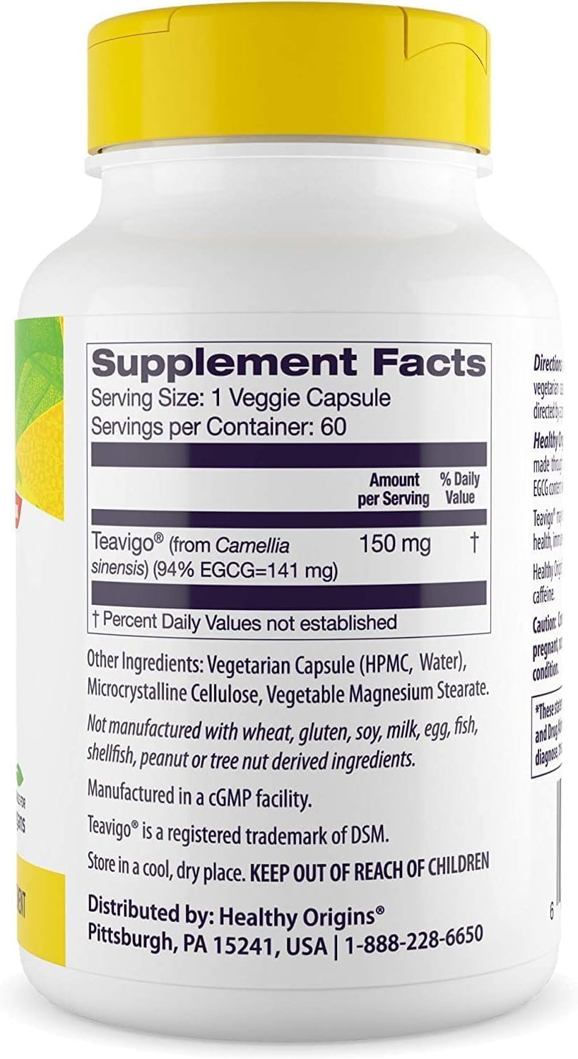 Healthy Origins Teavigo 150 mg (94% Egcg, Green Tea Extract, Non-GMO, Gluten Free, Antoixidant), 60 Veggie Caps
