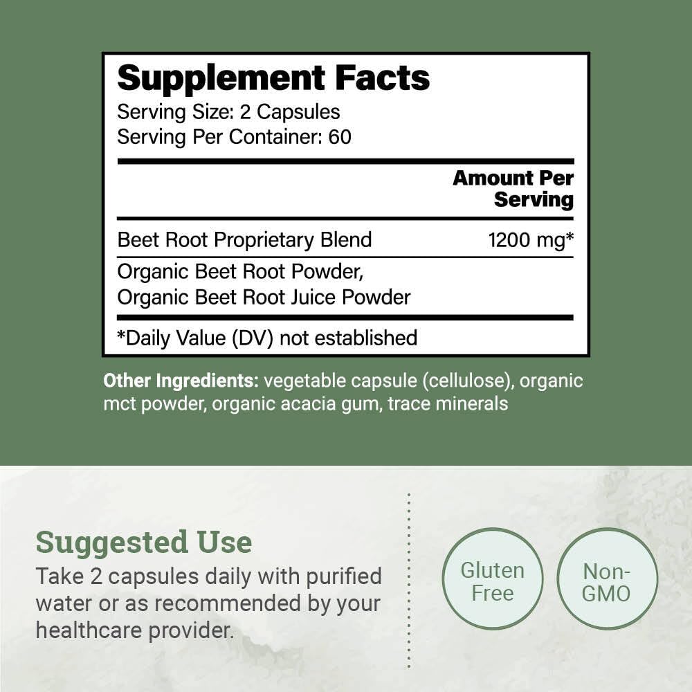 Organic Beet Root Capsules 1200 mg - Beet Root Powder & Juice Blend Supplement for High Blood Pressure and Circulation, Blood Flow Supplement for Men and Women - 120 Capsules