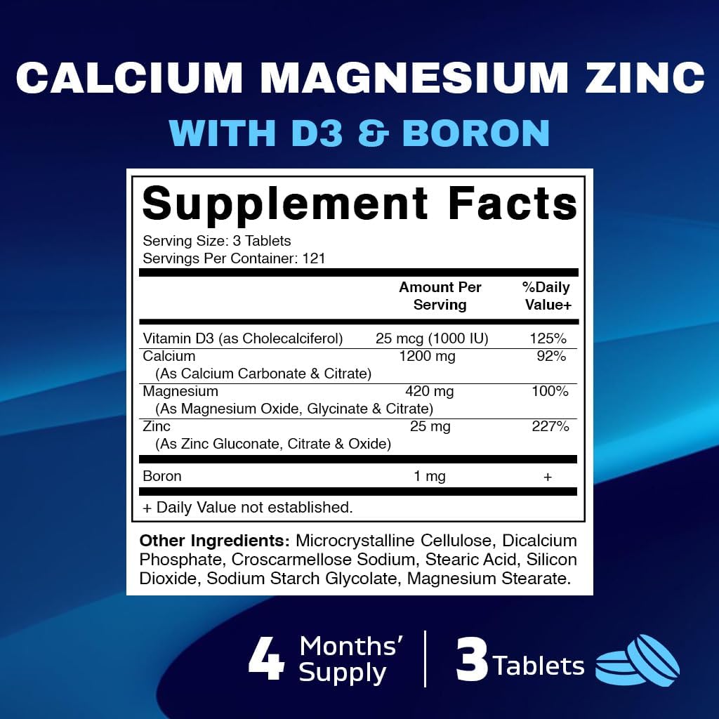 Vitamatic Calcium Magnesium Zinc D3 Boron | 365 Coated Tablets Supplement | Calcium 1200 mg, Magnesium 420mg, Zinc 25mg, Vitamin D3 1000 IU, Boron 1 mg | Non-GMO | Gluten Free | Made in USA