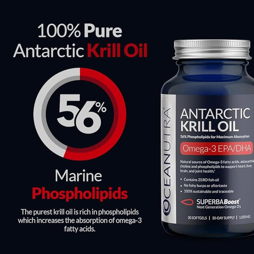 100% Pure Organic Krill Oil 1000mg, 180-Day Supply, Omega 3, Highest Concentration 56% Phospholipids, Wild Caught, Sustainable Antarctic SuperbaBoost, Astaxanthin,Omega xl,Heart, Skin Care,No Fish Oil
