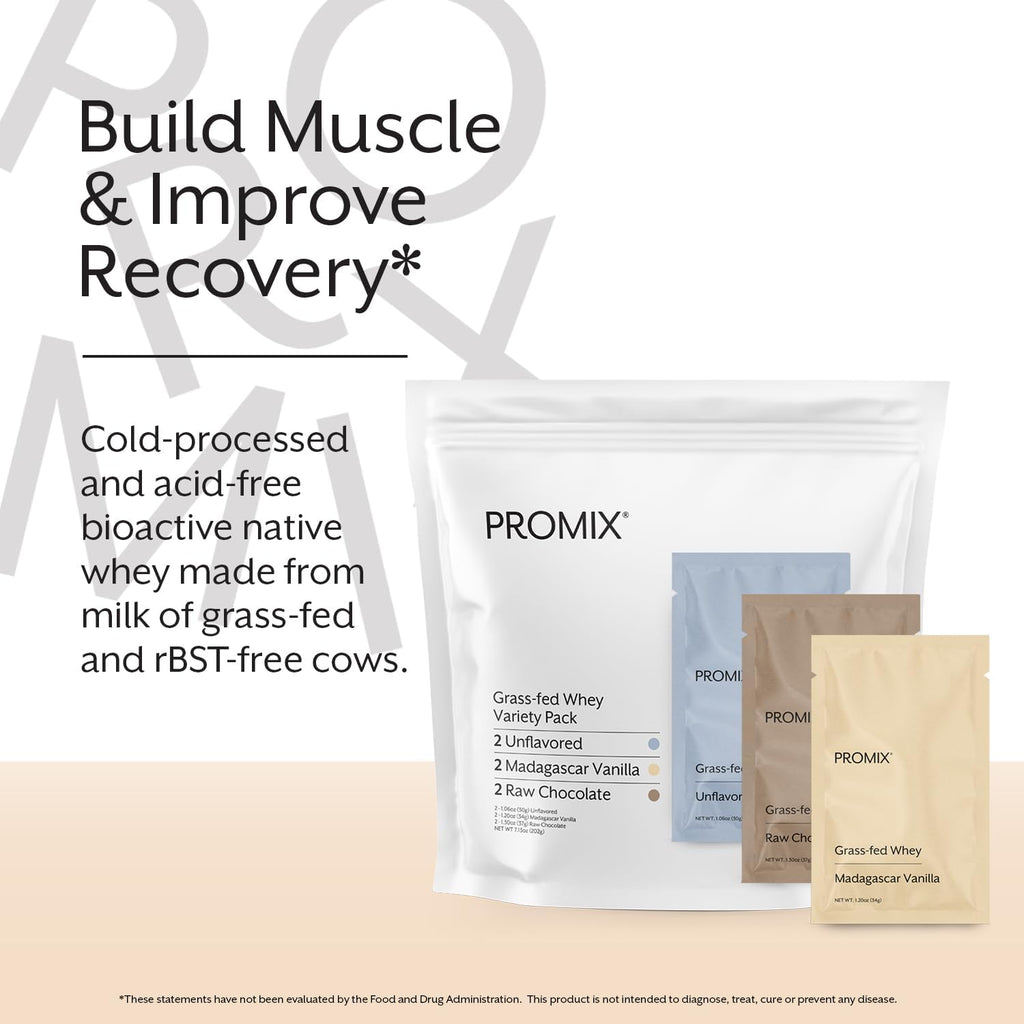 Promix Whey Protein Powder, Variety Pack (Unflavored, Vanilla, & Chocolate Flavors) Grass-Fed & 100% All Natural - ­Post Workout Fitness & Nutrition Shakes, Smoothies, Baking & Cooking Recipes