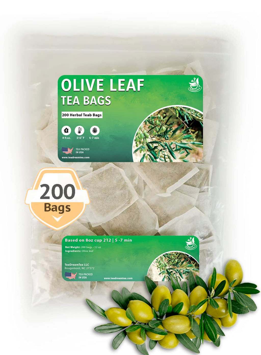 Olive Leaf Tea Bags – 200 Bags (Premium Dried Olive Leaf Tea - 200 Count), Natural Extract Caffeine-Free Herbal Tea for Health & Immune Support