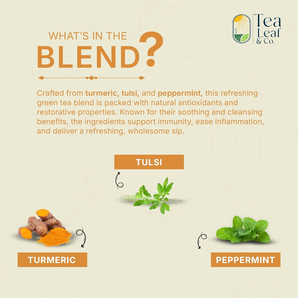 Turmeric Tulsi Tea Bags (50 Count), Green Tea with Turmeric & Peppermint, Stress Relieving, Low Caffeine Gluten Free, Whole Loose-Leaf Pyramid Tea Bags