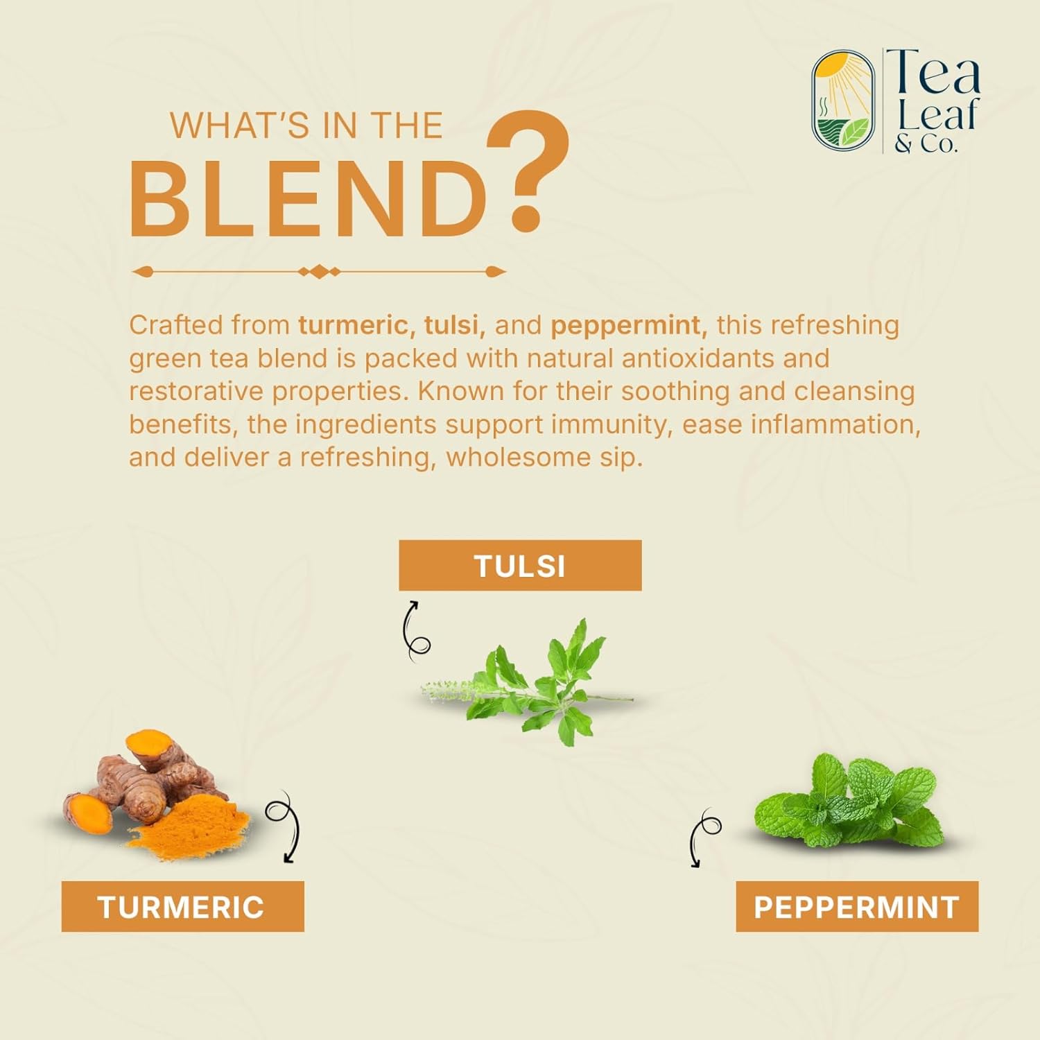 Turmeric Tulsi Tea Bags (50 Count), Green Tea with Turmeric & Peppermint, Stress Relieving, Low Caffeine Gluten Free, Whole Loose-Leaf Pyramid Tea Bags