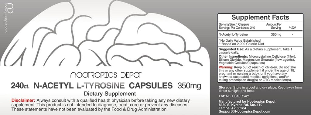 Nootropics Depot N-Acetyl L-Tyrosine Capsules | 350mg | 240 Count | NALT | Amino Acid Supplement | Natural Supplement | Supports Memory, Learning, Focus, Healthy Stress Levels