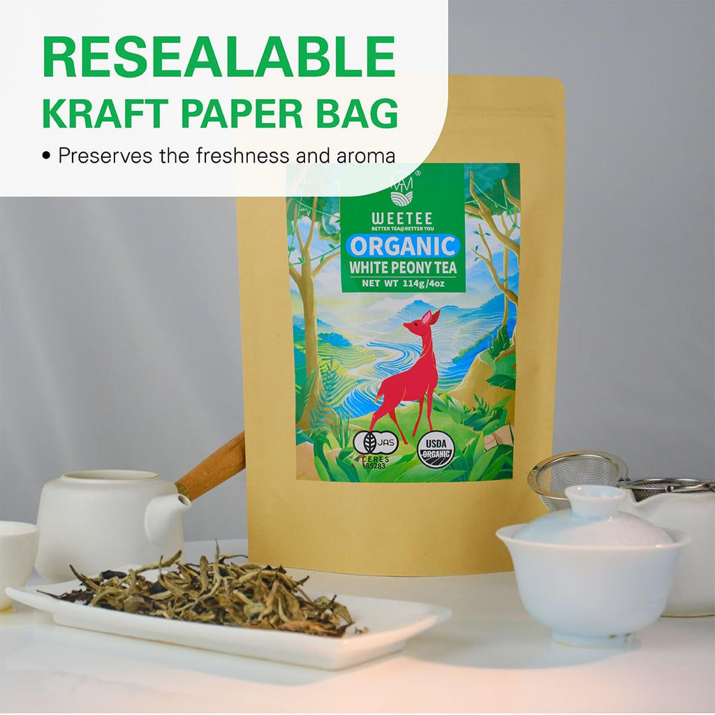 WT WEETEE Organic White Peony Tea, Organic Bai Mu Dan Loose Leaf 4oz/114g, Premium Chinese White Tea Whole Loose-Leaf, High Antioxidant & Low Caffeine