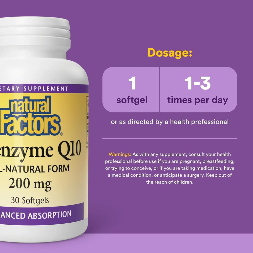 Natural Factors Coenzyme Q10 200 mg, Natural Coenzyme Q10 Supplement for Energy, Heart and Cognitive Support, 30 Softgels