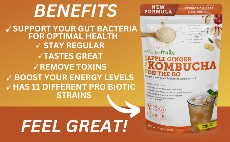 Essenzefruits Apple Ginger Kombucha Powder Tea Mix Beverage – Sugar Free, Fermented & Dried - Just Add Water! Live Probiotics & Prebiotic Blend, Vitamin C - Makes up to 30 Cups (8 Oz, 226g)