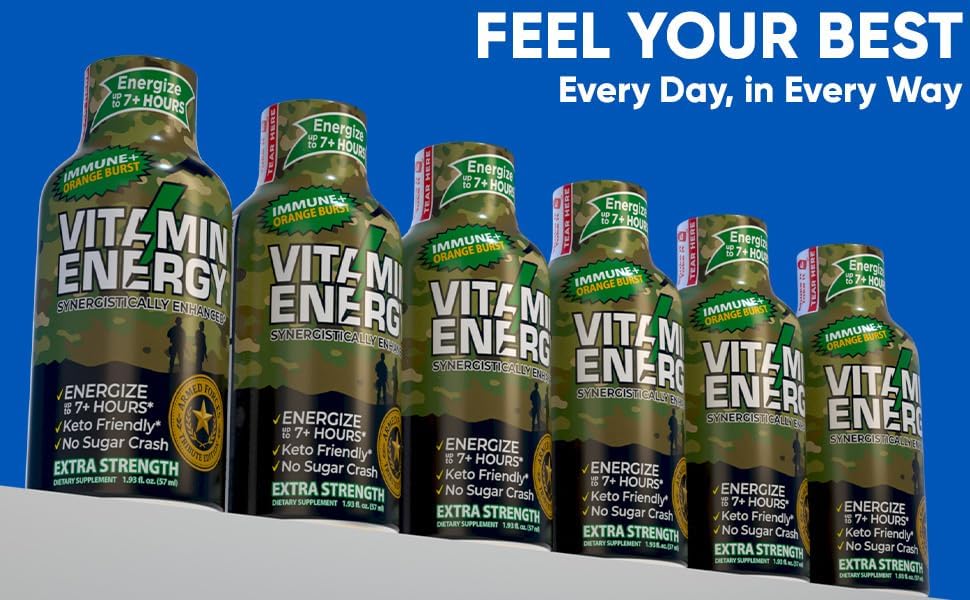 Vitamin Energy Immune+ Extra Strength Energy Shot Army Orange 12 Pack, 260mg Natural Caffeine, B-Vitamins, Citicoline, Green Tea, Immunity & Focus Support, Zero Sugar, Gluten-Free 1.93 fl oz