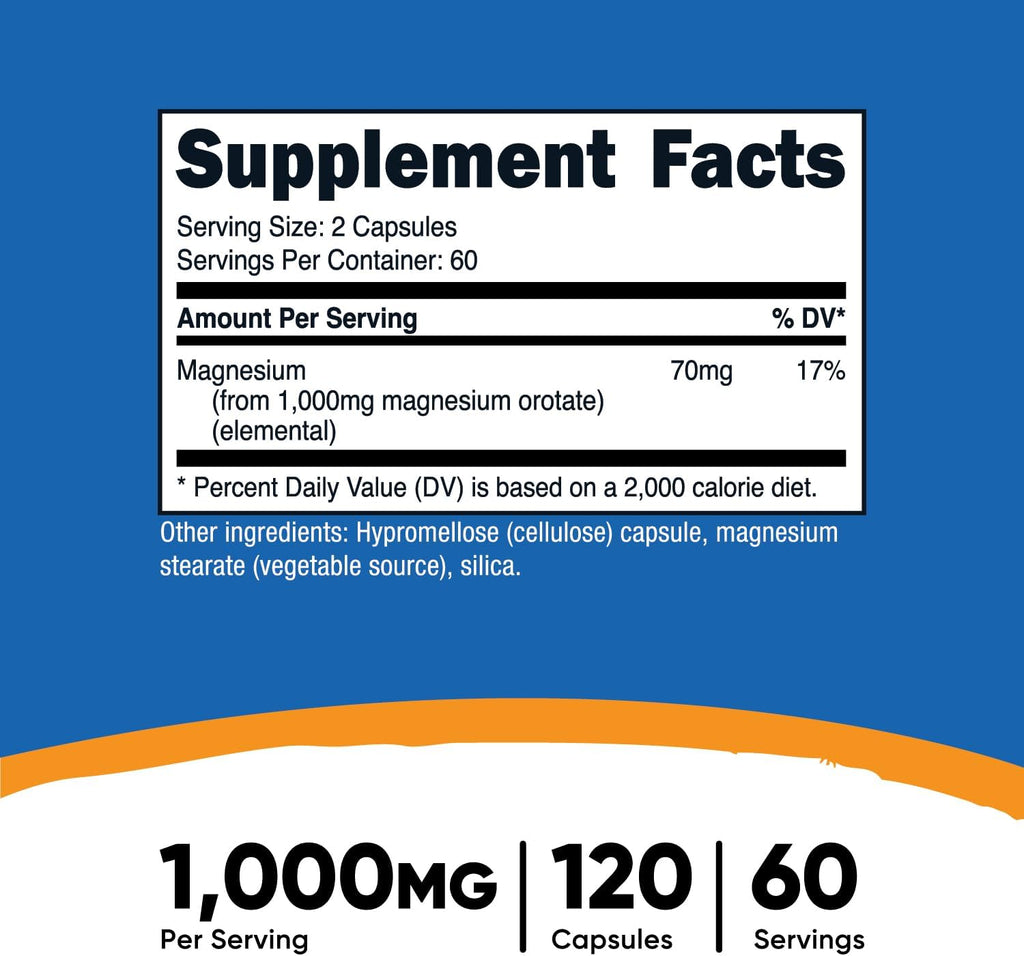 Nutricost Magnesium Orotate Capsules 1000mg, 120 Caps - 60 Servings, 500mg Per Capsule, Non-GMO, Gluten Free