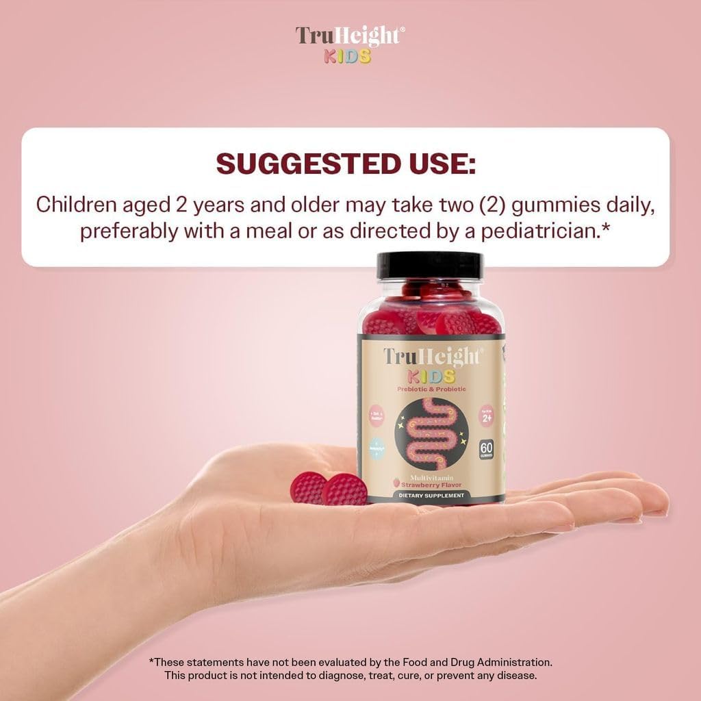 TruHeight Kids Prebiotic & Probiotic Gummies Ages 2+ (Strawberry Flavor) Toddlers & Kids All Natural Gut Health, Digestive Enzymes, Stomache Ache, Constipation Relief Supplement - Pediatric Vitamins