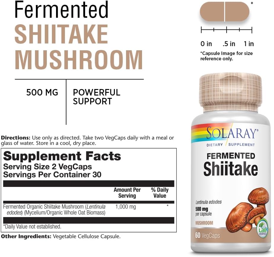 SOLARAY Fermented Shiitake Mushroom 500mg | Healthy Immune, Liver & Digestive Function Support | Non-GMO & Vegan | 60 VegCaps