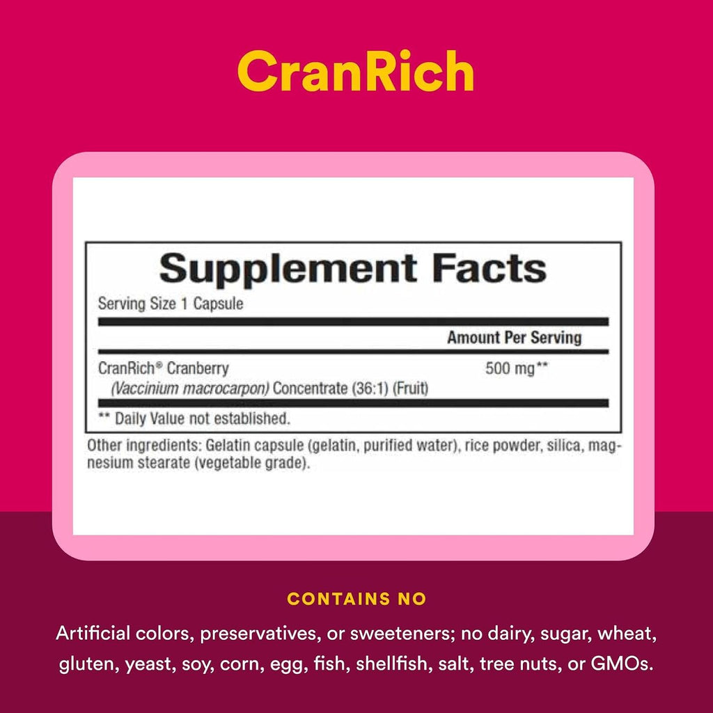 Natural Factors CranRich, Super Strength 36:1 Cranberry Concentrate, 500 mg, Sugar-Free Whole Fruit Cranberry Pills for Urinary Tract Health, 180 Capsules