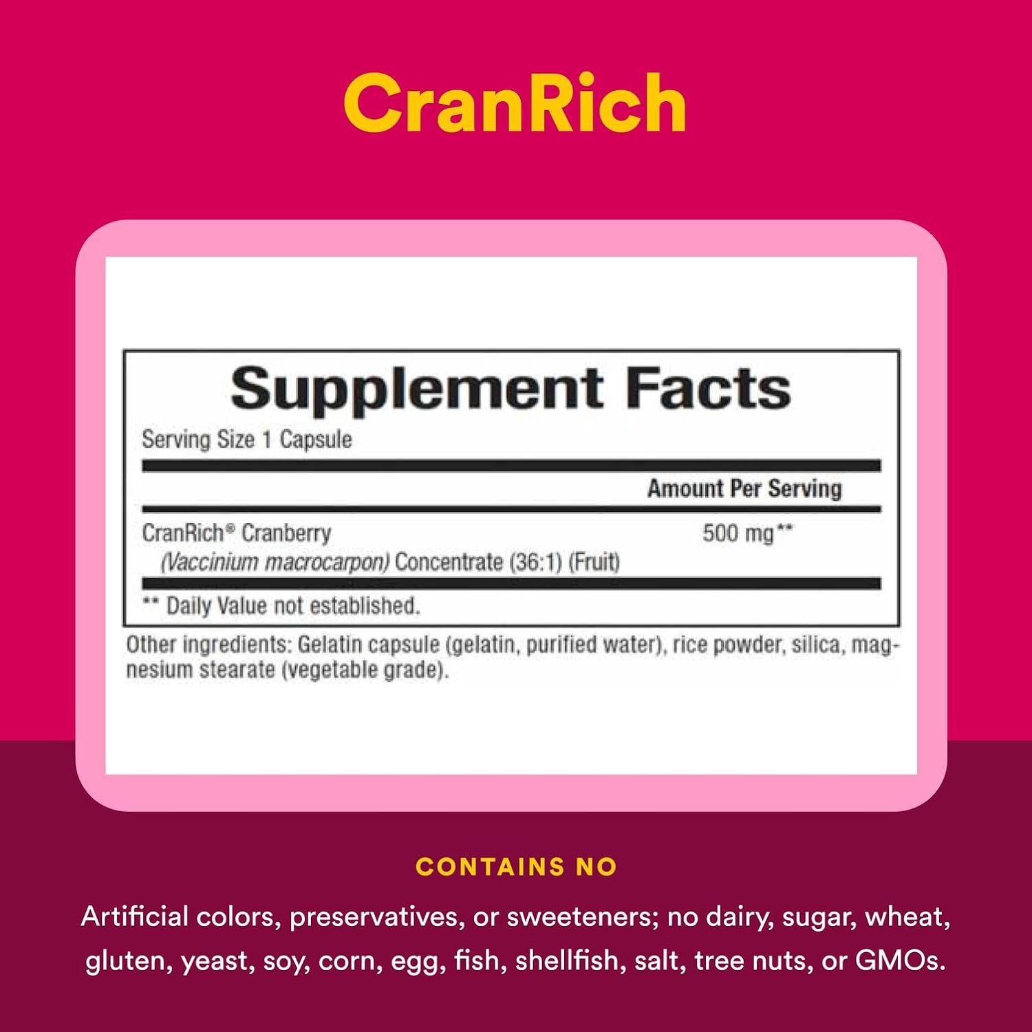 Natural Factors CranRich, Super Strength 36:1 Cranberry Concentrate, 500 mg, Sugar-Free Whole Fruit Cranberry Pills for Urinary Tract Health, 180 Capsules