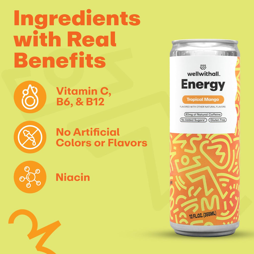 WellWithAll Tropical Mango Energy Drink – Caffeine from Tea – With Vitamin C – Lightly Sparkling Beverage – Fruit & Veggie Juice Blend – 12 Oz (Pack of 12)