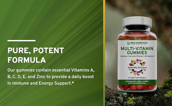 TRIO NUTRITION Daily Multivitamin Gummies for Men & Women - Natural Fruit Flavor with Essential Vitamins A, B, C, D, E & Zinc - No Major Allergens Immune Support & Energy Boost Supplement