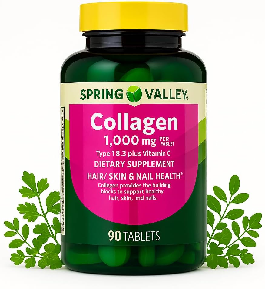 Collagen for Women Type 1 & 3 + Vitamin C • Hair, Skin & Nails Support • 1000 mg • 90 Tablets by Spring Valley
