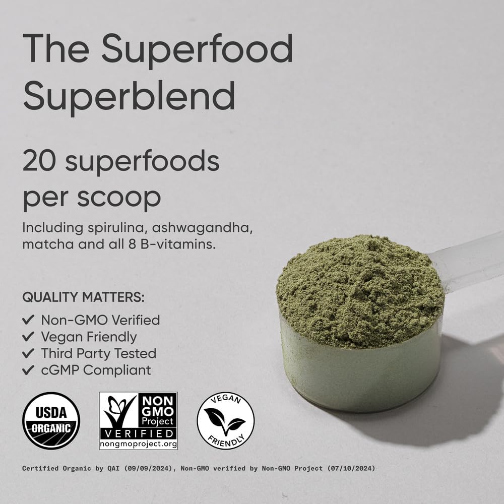 Sports Research® Organic Greens Superfood Powder w/Spirulina, Chlorella, Adaptogens, Enzymes, Probiotics & 8 VIT Bs for Gut & Mood Support* - Vegan, Sugar-Free & Low-Cal Pineapple Coconut 30 Servings