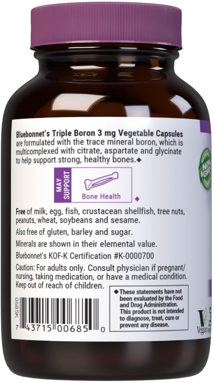 Bluebonnet Triple Boron 3 mg Trace Mineral Bone Support - Boron Supplement for Men & Women with Citrate Aspartate & Glycinate - Vegan, Non-GMO - 90 Vegetarian Capsules, 90 Day Supply
