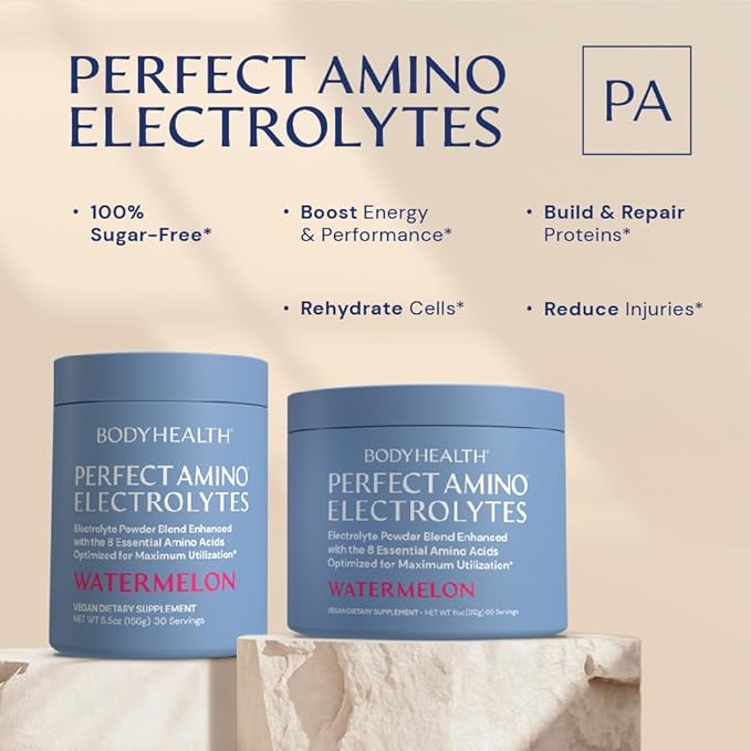 BodyHealth PerfectAmino Electrolytes Powder No Sugar, Keto Sugar Free Fasting Electrolytes Drink Mix, Hydration Powder with Trace Minerals - Watermelon - 15 Servings