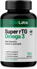 rTG Omega 3 Norwegian Fish Oil with CoQ10 Dietary Supplement- Heart Health & Antioxidant Support with Vitamins D & E – 2000 mg Sustainably Sourced – Super rTG Omega 3, 180 Softgels by CGM Labs